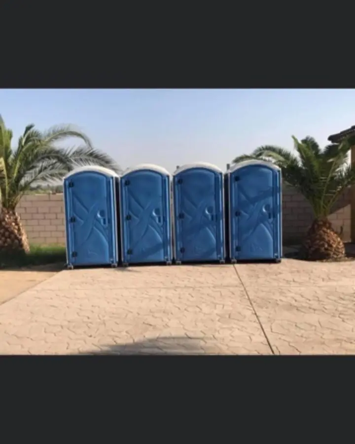 Four blue standard porta potties lined up on pavers between palm trees