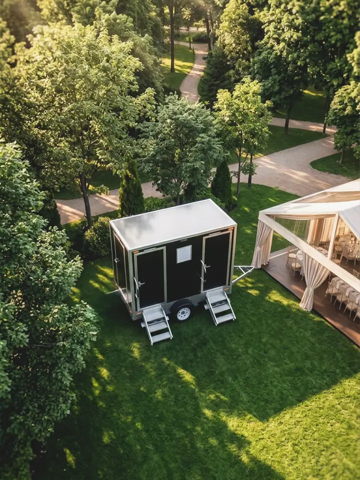 Aerial view of a two-door restroom trailer on a lawn beside a wedding tent